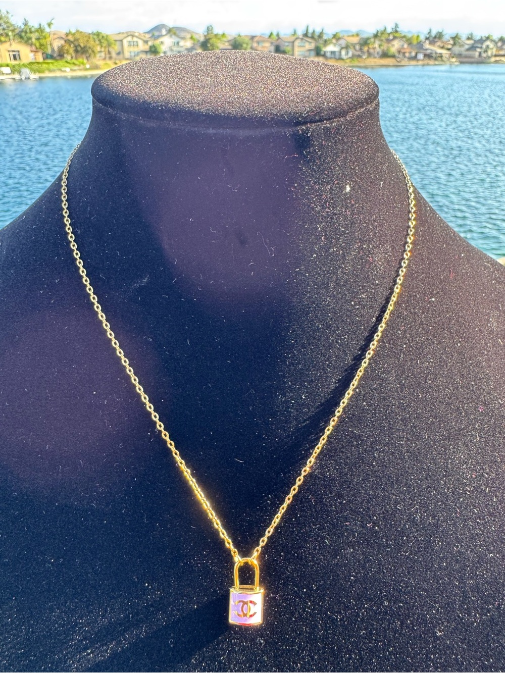 Gold CC Padlock Pendant Necklace with Pink Accent - Unbranded